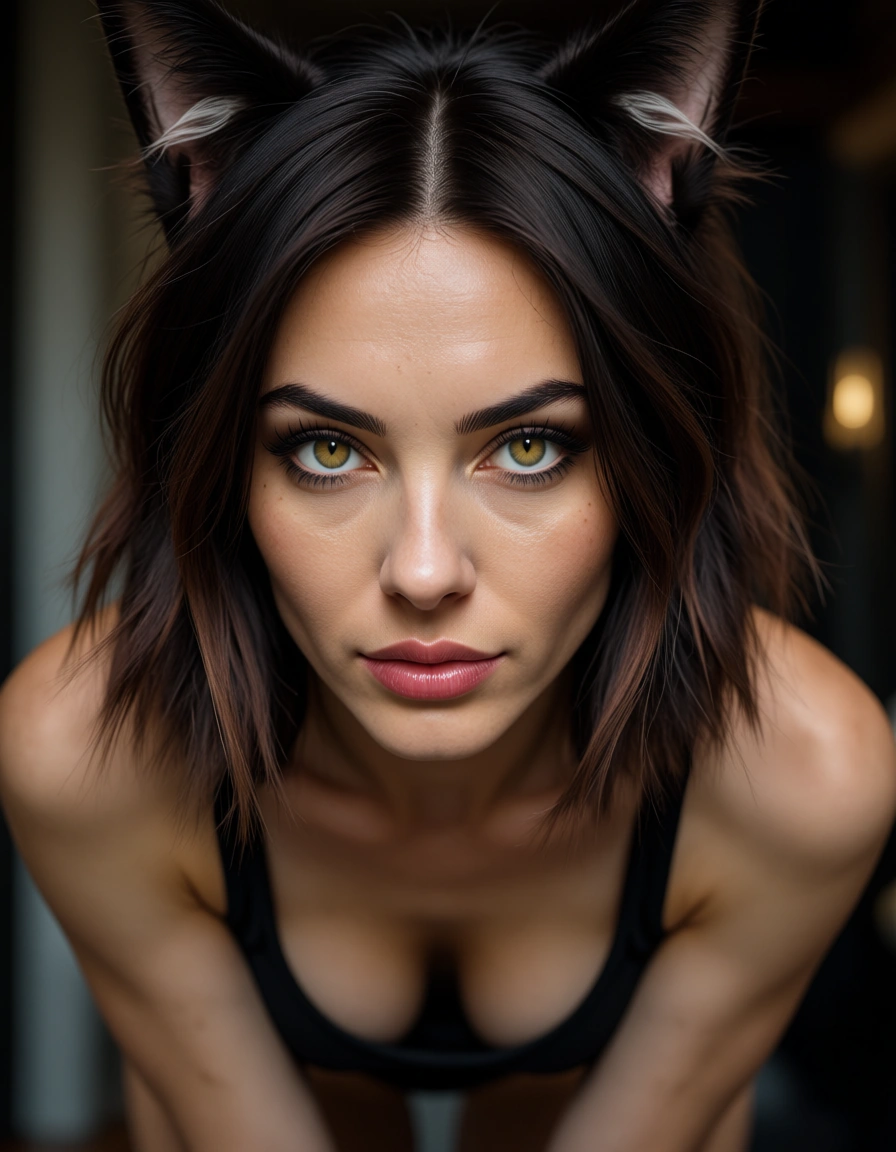 8k, sharp focus, detailed skin, catgirl, medium hair, official alternate costume, bent over, dslr quality, score_9, score_8, candid photo, realistic skin texture, visible skin pores, film grain, depth of field