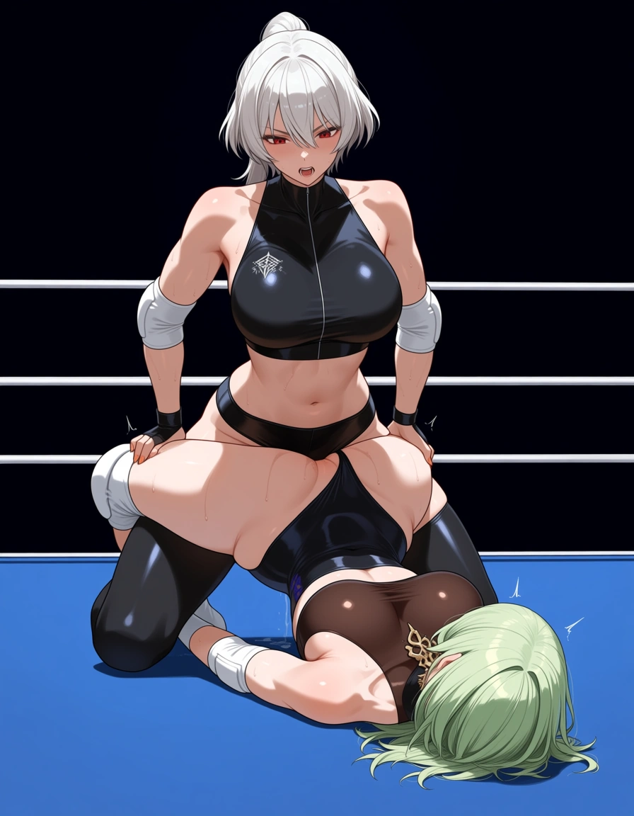 2girls , @byleth_(fire_emblem) , lara_croft, wrestling ,wrestling_ring, catfight , sex , strapon , yuri , defeated, hentai_studio_quality