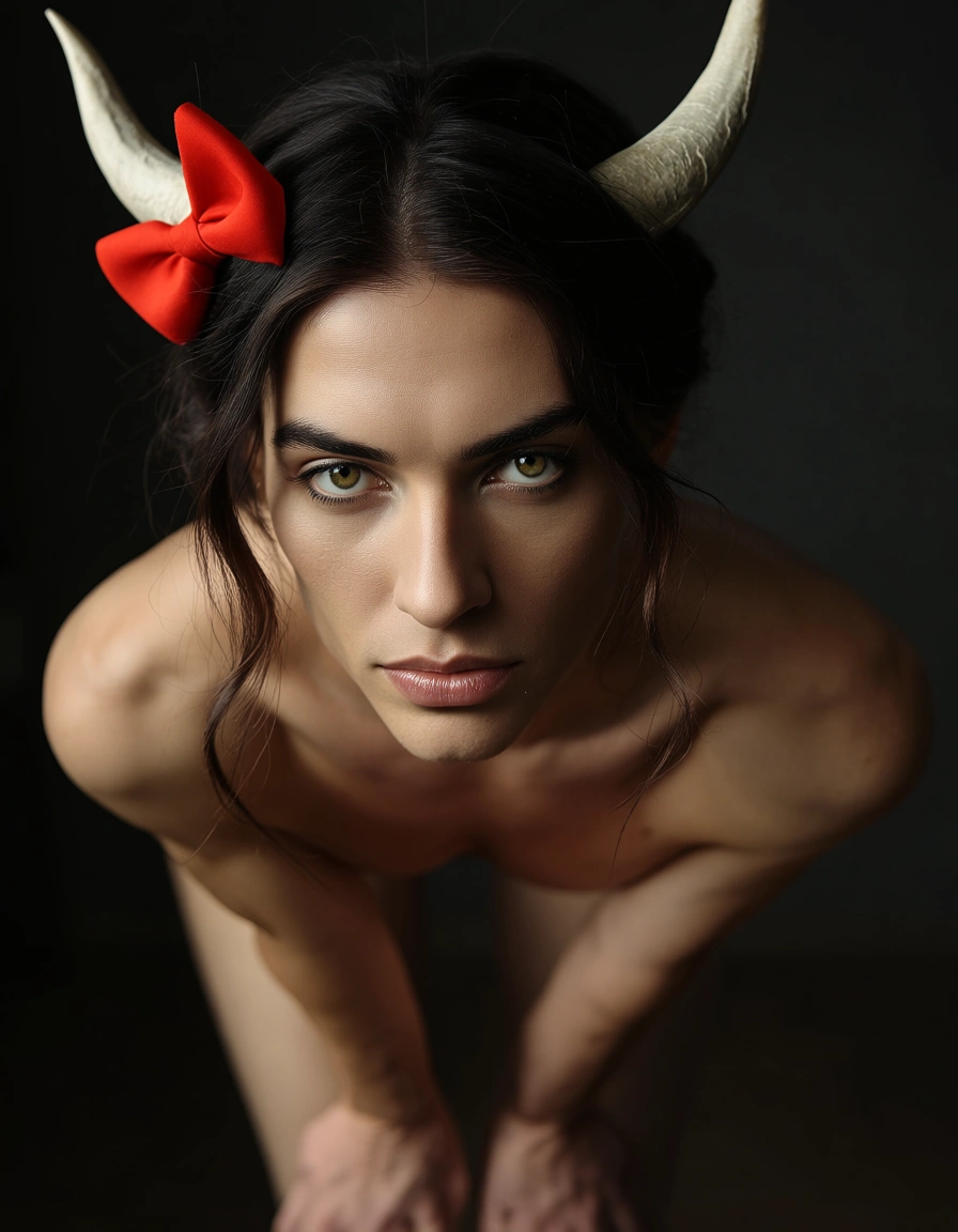 highly detailed, natural lighting, male focus, hair bow, horns, bent over, film photography, score_9, score_8, candid photo, realistic skin texture, visible skin pores, film grain, depth of field