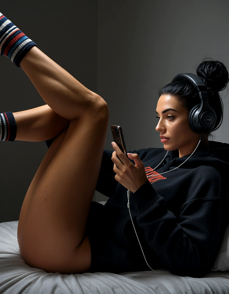 amateur iphone close up photo, nude sweet Arab college woman at home, Iranian,  Kuwait, realistic skin tone, on bed, lying, wearing headphones and in a hoodie and short socks, from the side, black hair greasy in bun, holding iphone in hand, look to iphone, dynamic composition, open composition, asymmetrical composition, instant photo,  lighting contrast, deep shadow,  photorealistic, iphone quality, high detailed, high quality, ultra realistic., score_9, score_8, amateur photo, phone snapshot, realistic skin texture, skin blemishes, soft indoor lighting