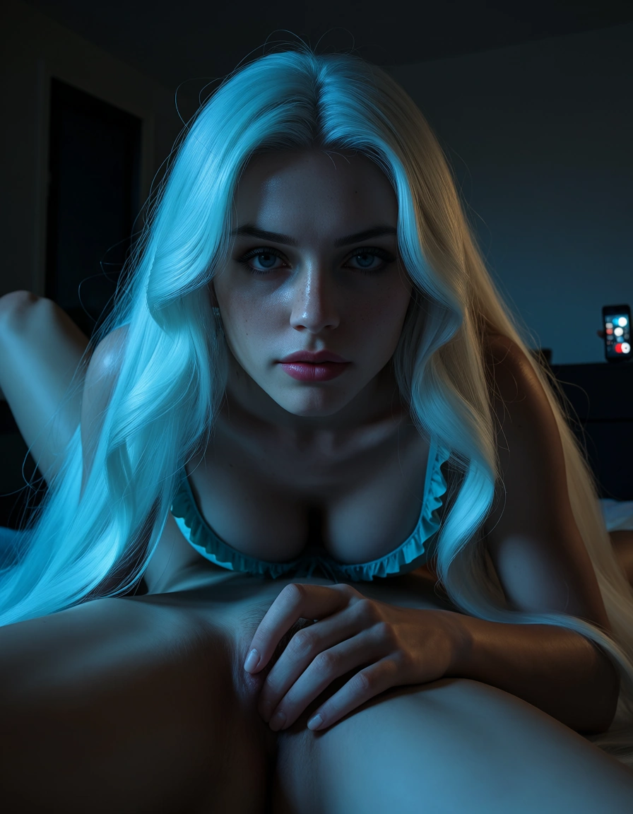 sharp focus, 8k uhd, solo focus, very long hair, frills, 69 position, cool tones, studio photo, score_9, score_8, amateur photo, phone snapshot, realistic skin texture, skin blemishes, soft indoor lighting