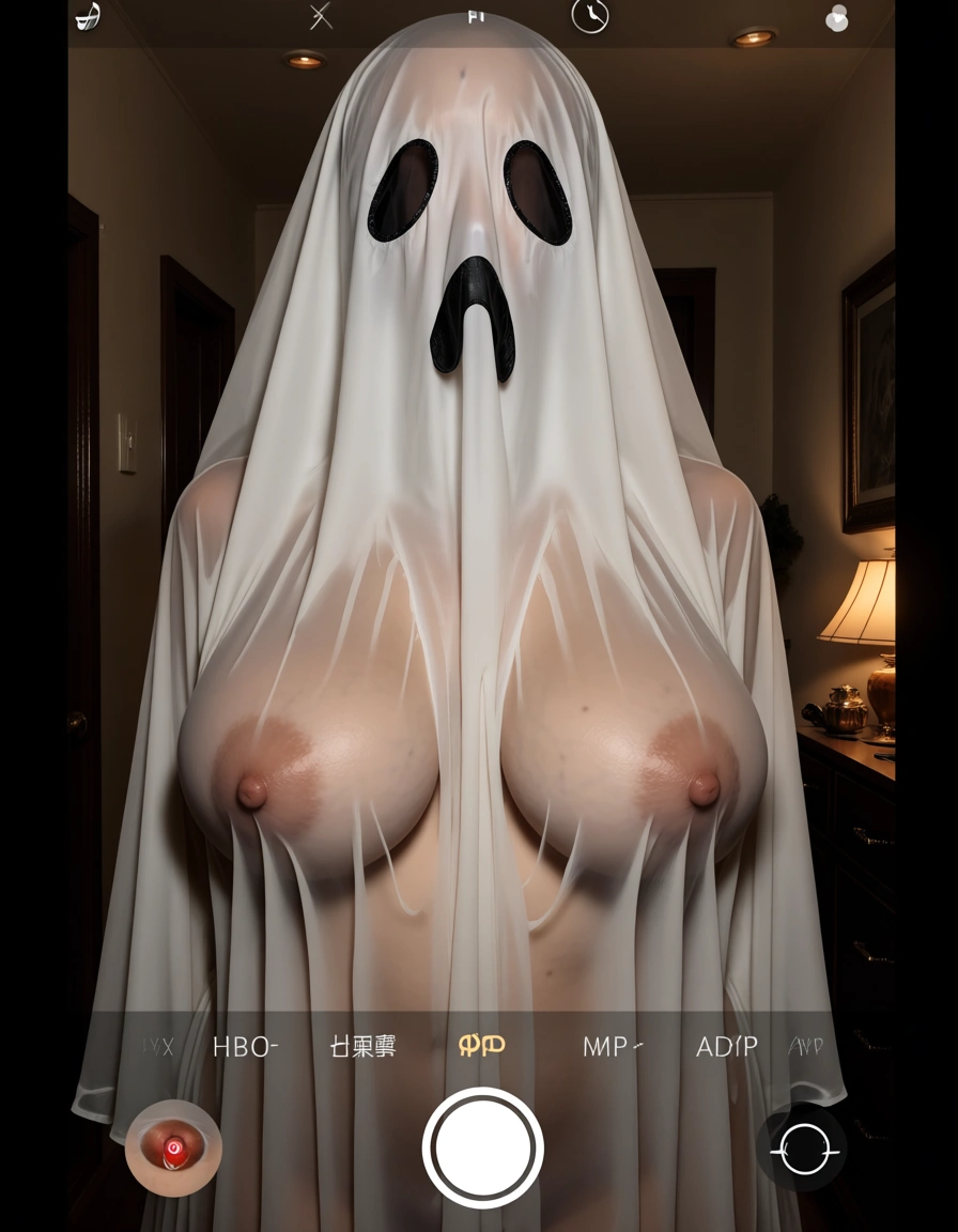 dress up as a ghost，halloween, see-through_clothes ,nipple, score_9, score_8, amateur photo, phone snapshot, realistic skin texture, skin blemishes, soft indoor lighting