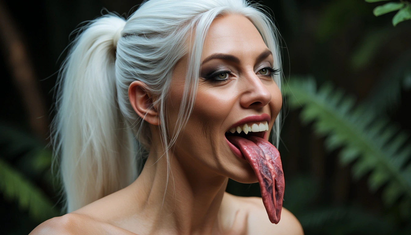 mature_female , ponytail , white_hair , huge_breasts , outrageously long forked tongue, score_9, score_8, candid photo, realistic skin texture, visible skin pores, film grain, depth of field, score_9, score_8, candid photo, realistic skin texture, visible skin pores, film grain, depth of field