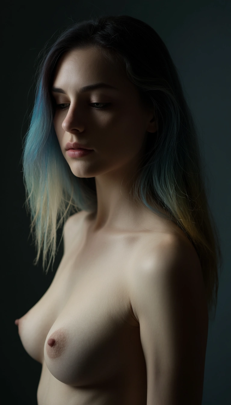 1girl, solo, nude, standing, young woman, long multicolored hair, soft blended hair colors, serene expression, half-closed eyes, medium breasts, soft natural body, realistic skin, faint blemishes, subtle skin texture, delicate wrinkles, fine skin detail, soft diffused lighting, gentle rim light, low contrast lighting, soft shadows, fine art photography, studio background, dark muted background, shallow depth of field, subtle film grain, cinematic softness, photorealistic, ethereal atmosphere, quiet mood, elegant composition, soft rim lighting, cinematic lighting, detailed skin texture, natural skin tones, portrait, simple background, score_9, score_8, candid photo, realistic skin texture, visible skin pores, film grain, depth of field