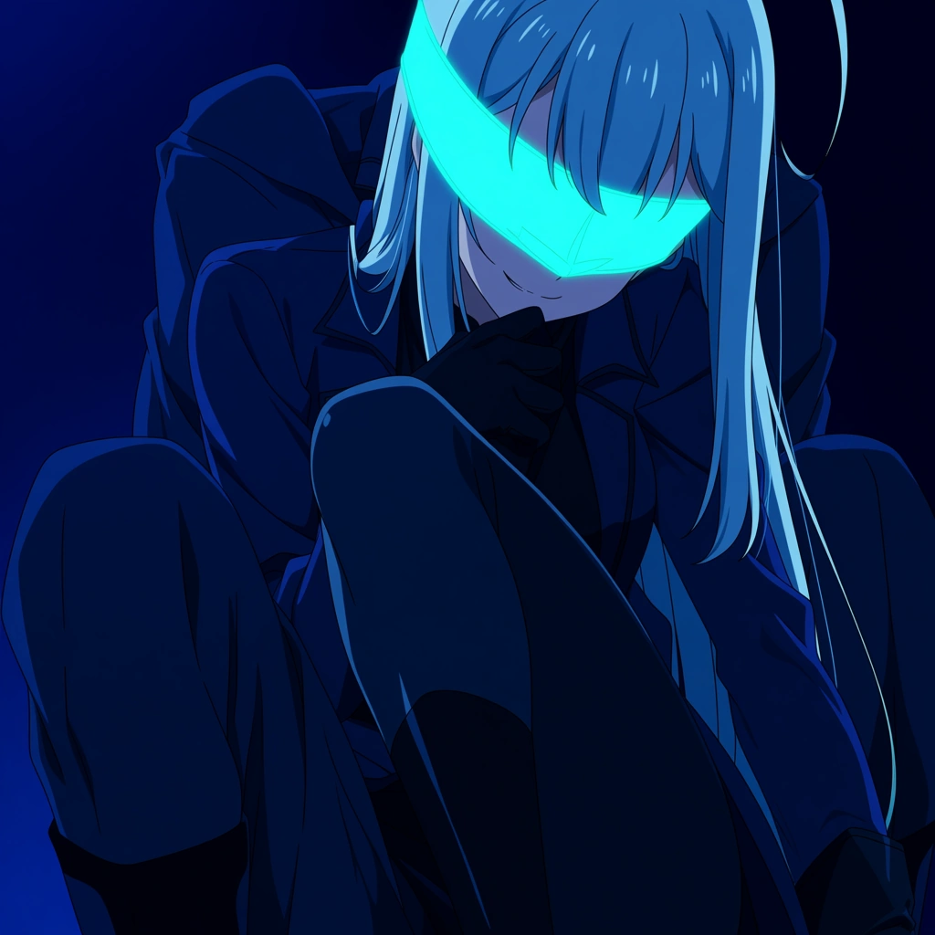 1girl, smile mouth, long blue straight hair, ahoge, long blue coat, black long sleeves shirt, black gloves, kneehighs whote socks, long black pants, A neon cyan energy blindfold that covers the eyes, invisible eyes, 1boy, sex_from_behind