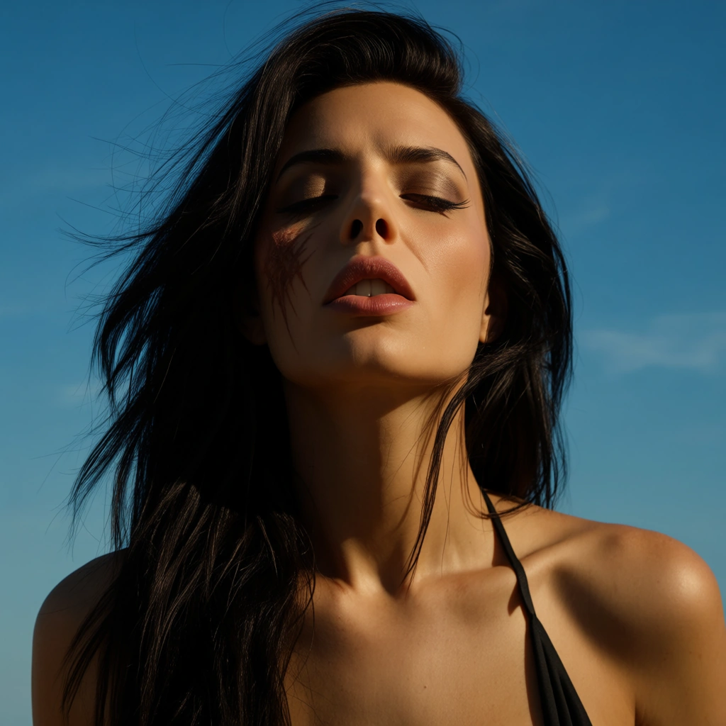 highly detailed, natural lighting, solo, orgasm, scar, blue sky, seductive look, RAW photo