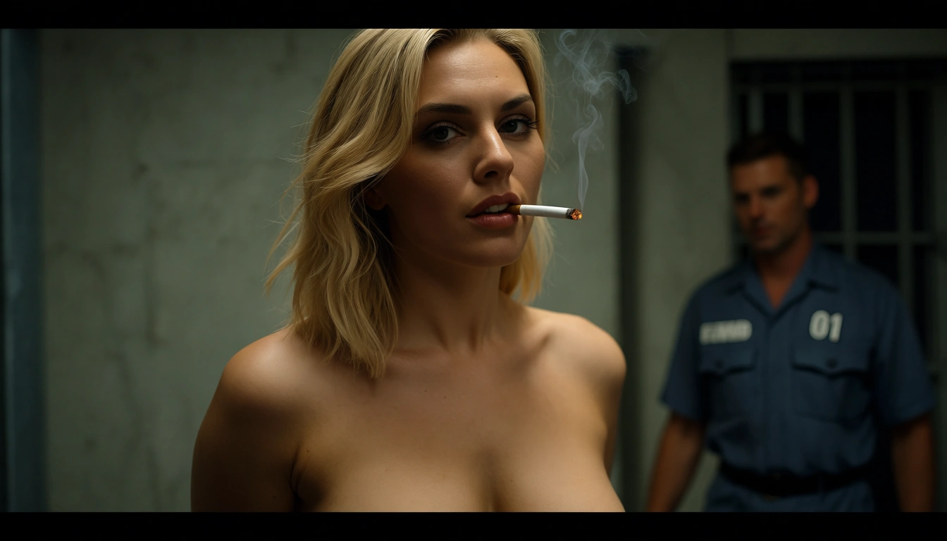 criminal blonde woman smoking a cigarette, nude, bouncing_breasts, in her 40s, bbw, prison uniform