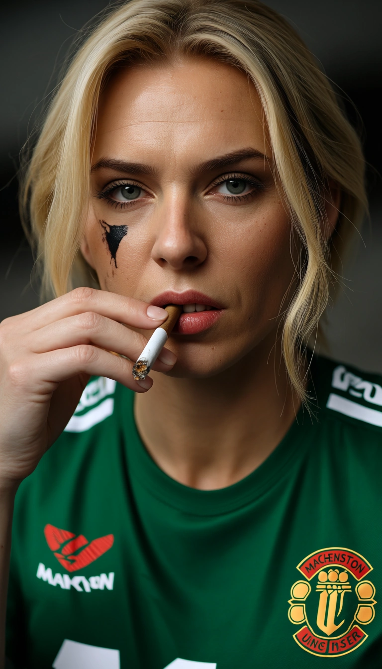 bbw, inked, blonde_hair, smoking a cigarette, bouncing_breasts, rubbing, manchester united shirt