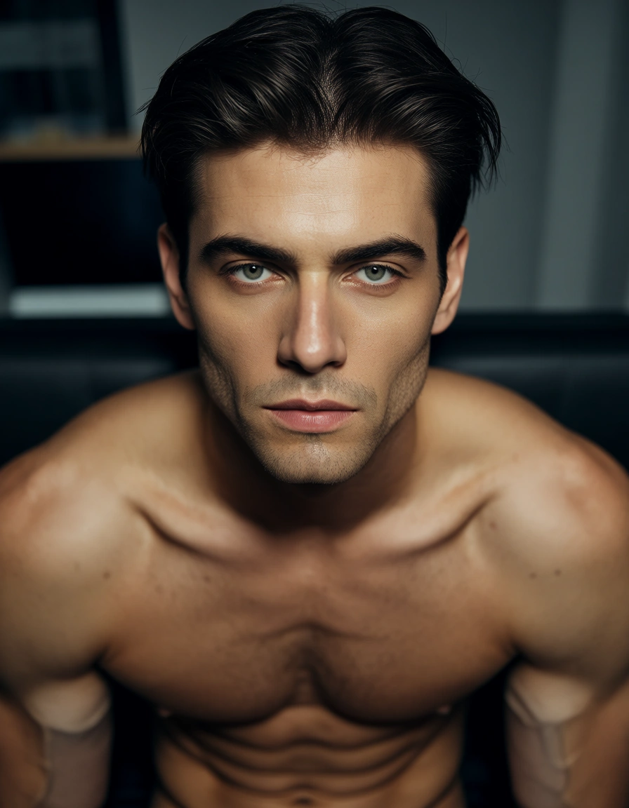 cinematic photo, 8k, 1boy, facesitting, toned body, hyperrealistic, score_9, score_8, candid photo, realistic skin texture, visible skin pores, film grain, depth of field