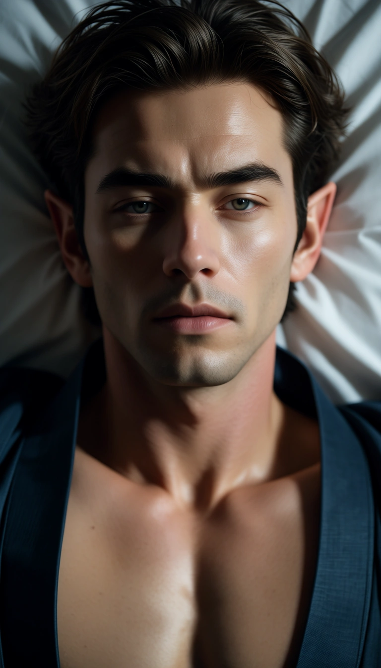 sharp focus, 8k uhd, male focus, pointy ears, japanese clothes, missionary, bed sheet, from above, photorealistic