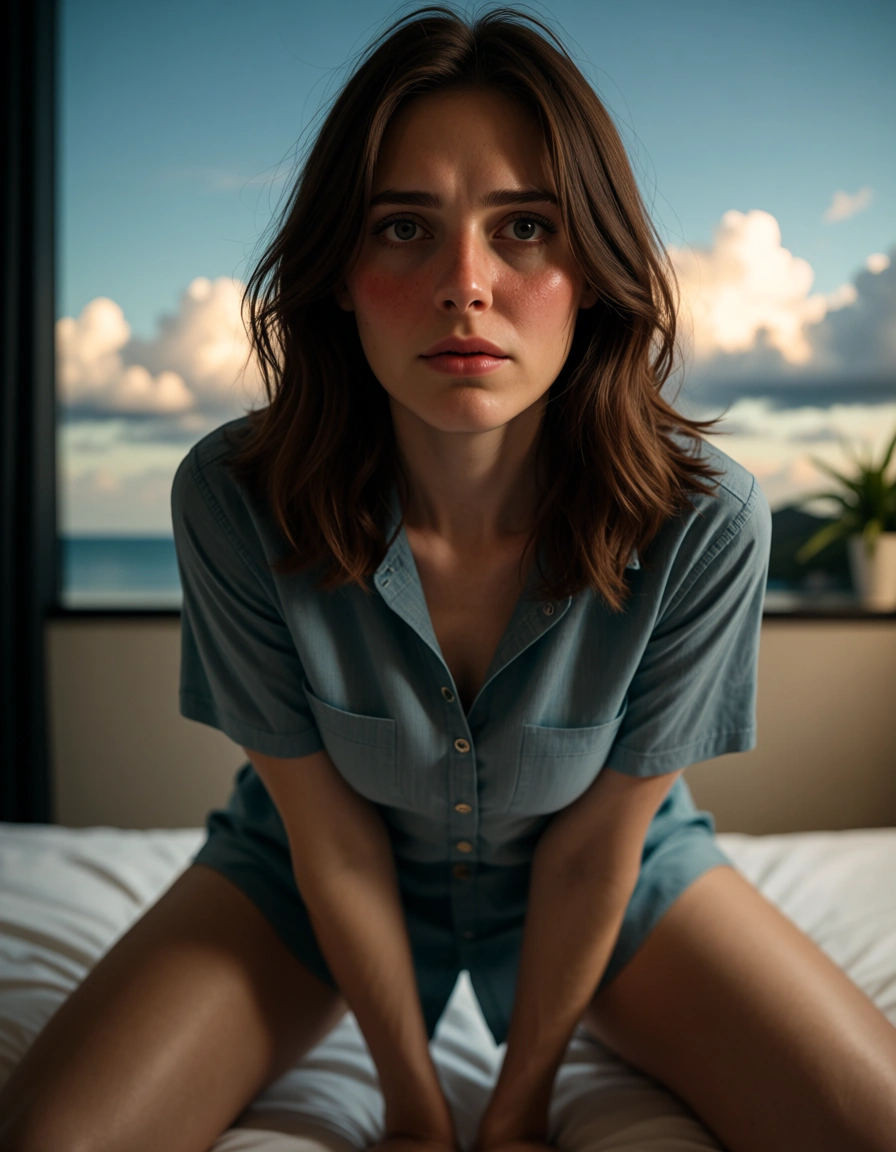 cinematic photo, 8k, low angle, 1other, kneeling on bed, buttons, cloud, nervous blush, dslr quality, score_9, score_8, candid photo, realistic skin texture, visible skin pores, film grain, depth of field