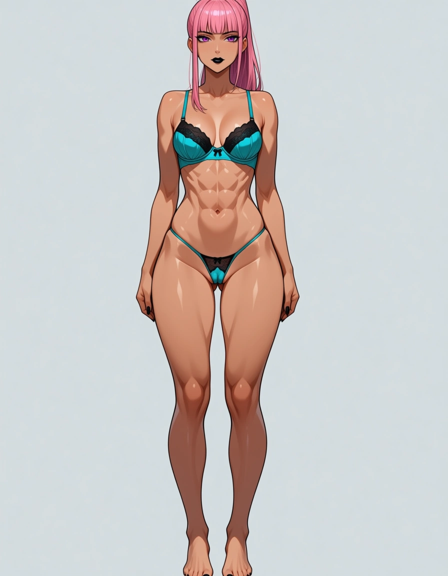 masterpiece, fine detail, anime style, light teal blue lingerie, Micro_thong, bra, rose-pink hair, long_hair, high_ponytail, royal purple_eyes, athletic, abs cleft_of_venus, cameltoe, partially_visible_vulva, standing, solo, 1girl, straight_hair, tan, straight-on, full_body, barefoot, black lipstick, black fingernails, black toenails, small_breasts, looking_at_viewer, looking_ahead,, hentai_studio_quality
