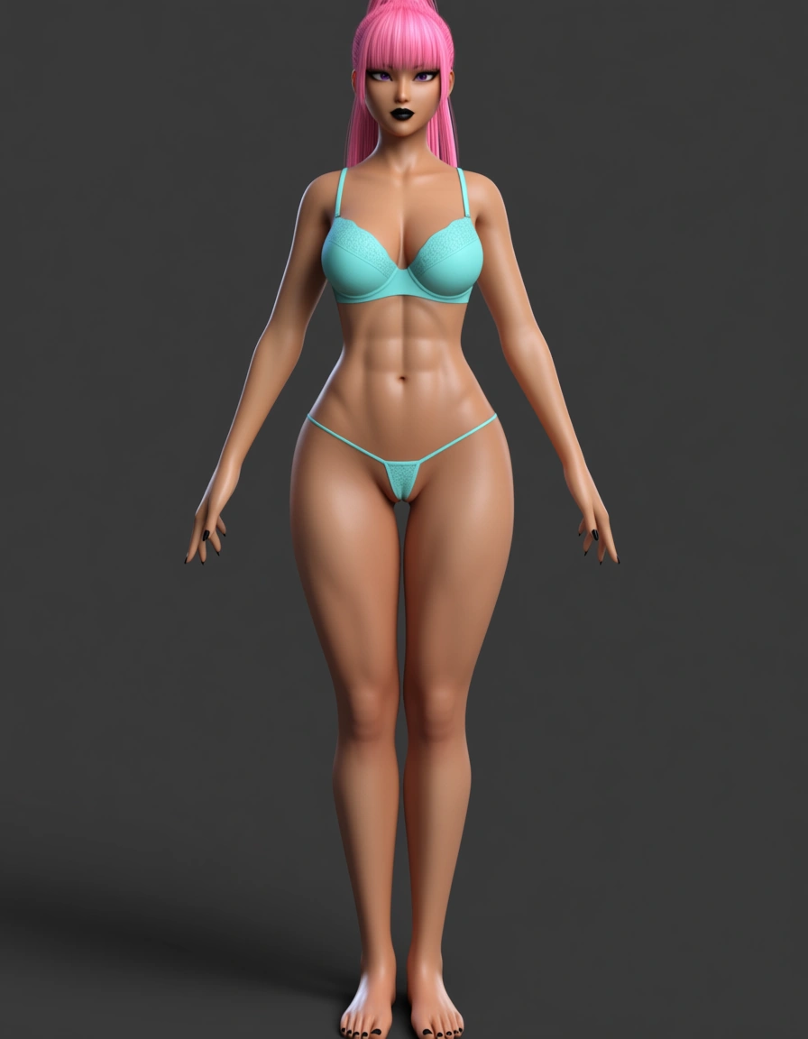 masterpiece, fine detail, anime style, light teal blue lingerie, Micro_thong, bra, rose-pink hair, long_hair, high_ponytail, royal purple_eyes, athletic, abs cleft_of_venus, partially_visible_vulva, standing, solo, 1girl, straight_hair, tan, straight-on, full_body, barefoot, black lipstick, black fingernails, black toenails, very_small_breasts, looking_at_viewer, looking_ahead, legs_apart,, score_9, score_8, 3d render, octane render, subsurface scattering, ray tracing, smooth shading