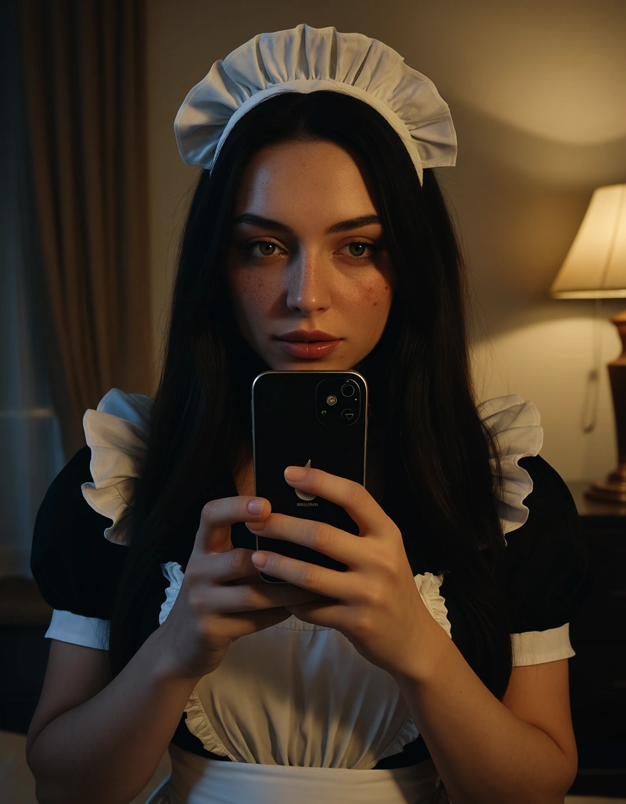 dslr, film grain, photorealistic, maid, short sleeves, presenting, ambient glow, lifelike render, score_9, score_8, amateur photo, phone snapshot, realistic skin texture, skin blemishes, soft indoor lighting