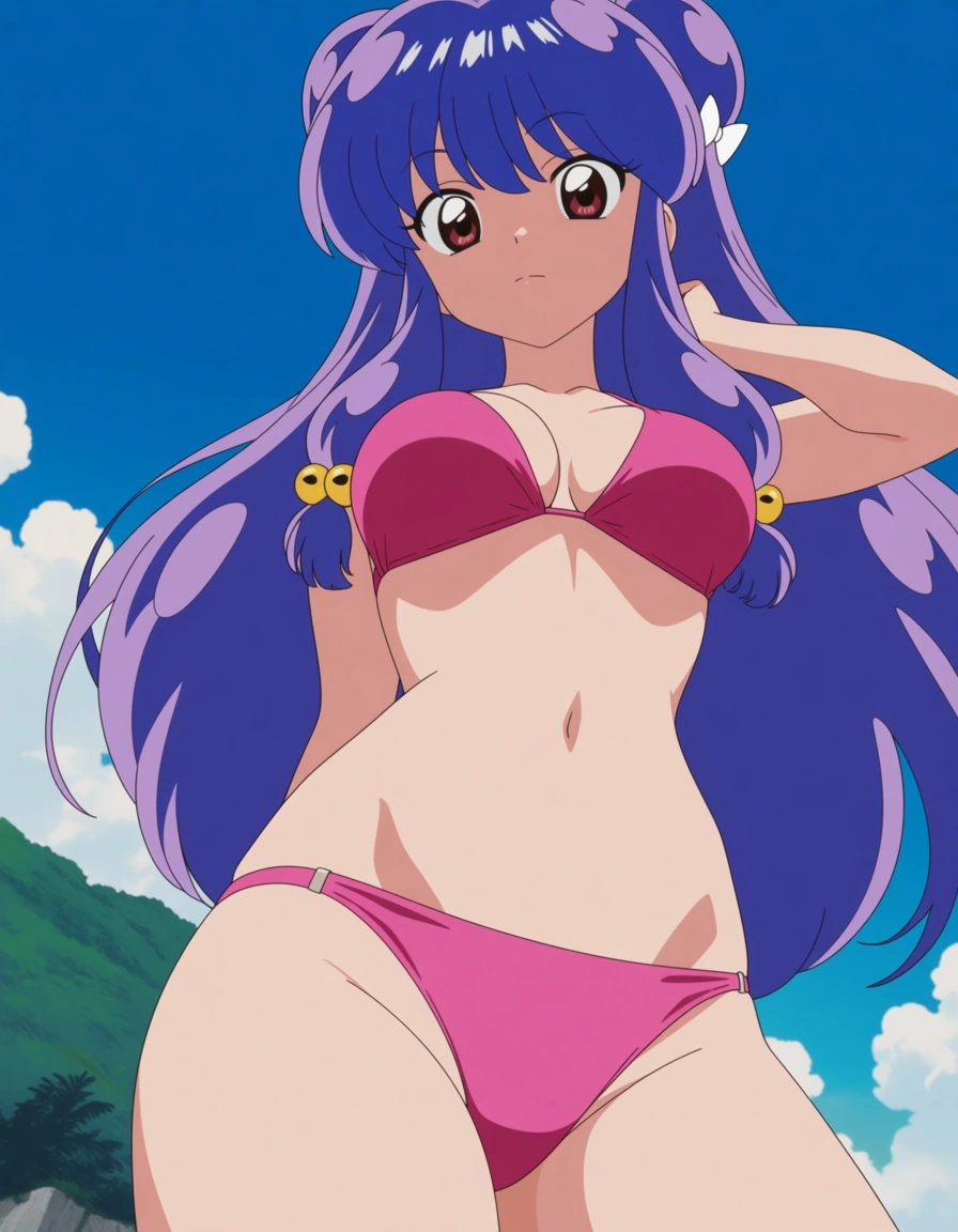 @shampoo_(ranma_1/2) bikini, (anime style:1.3), 2d, anime screencap, cel shading, flat color