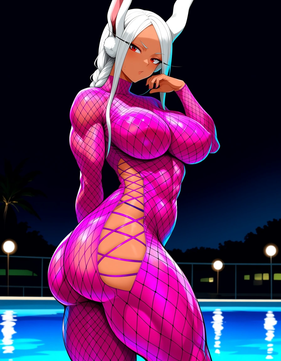 Adult Mirko, dark skin, muscular yet curvy athletic body, large firm breasts, thick thighs and big round ass, white rabbit ears, long white hair in a braid, red eyes, wearing an extremely tight bright magenta fishnet bodysuit dress with long sleeves, sheer diamond pattern that reveals her body underneath, deep cutouts on the sides and chest, matching tiny purple bottoms visible through the mesh, she is standing outdoors at night near a pool, one hand raised near her face, body slightly turned, seductive expression, highly detailed mesh texture and skin, cool night lighting with pool reflections, sharp focus on her body and the sheer fishnet, aspect ratio 3:4, @mirko, hentai_studio_quality