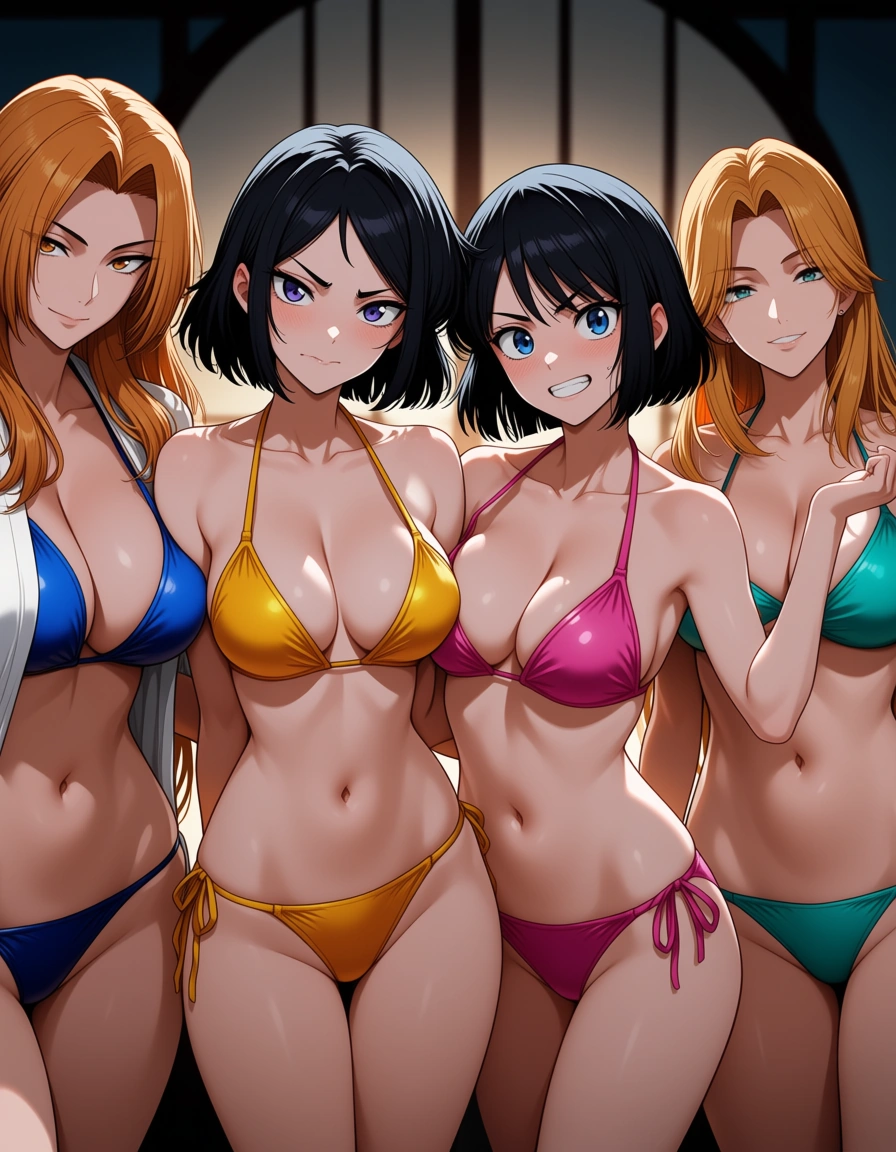 masterpiece, clean art, 4girls, bikini, doggy style, cowboy shot, visual novel art @matsumoto_rangiku @shihouin_yoruichi @kuchiki_rukia @orihime, hentai_studio_quality