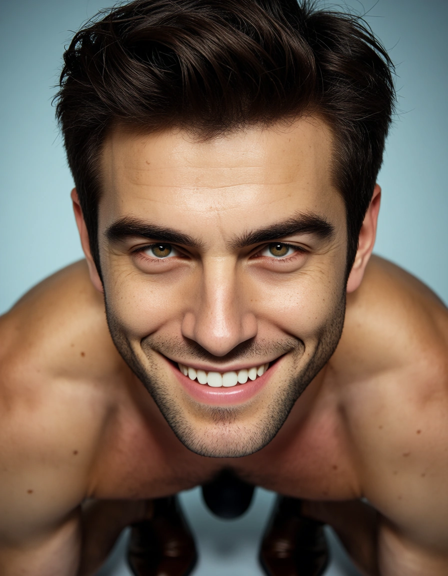 score_9, score_8, @2025, @candid photo, (amateur photography:1.2), (realistic skin texture:1.4), visible skin pores, skin blemishes, goosebumps, natural skin, soft natural lighting, (depth of field), film grain, cinematic photo, 8k, close-up, male focus, bondage, brown footwear, gradient background, teasing grin, film photography