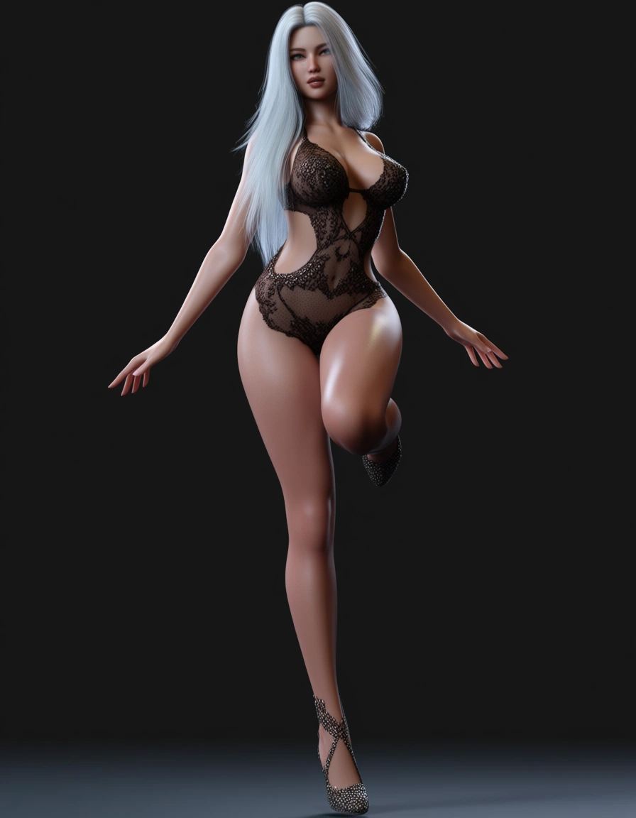 masterpiece, fine detail, female, leg up, breasts long hair, realistic, petite, score_9, score_8, 3d render, octane render, subsurface scattering, ray tracing, smooth shading