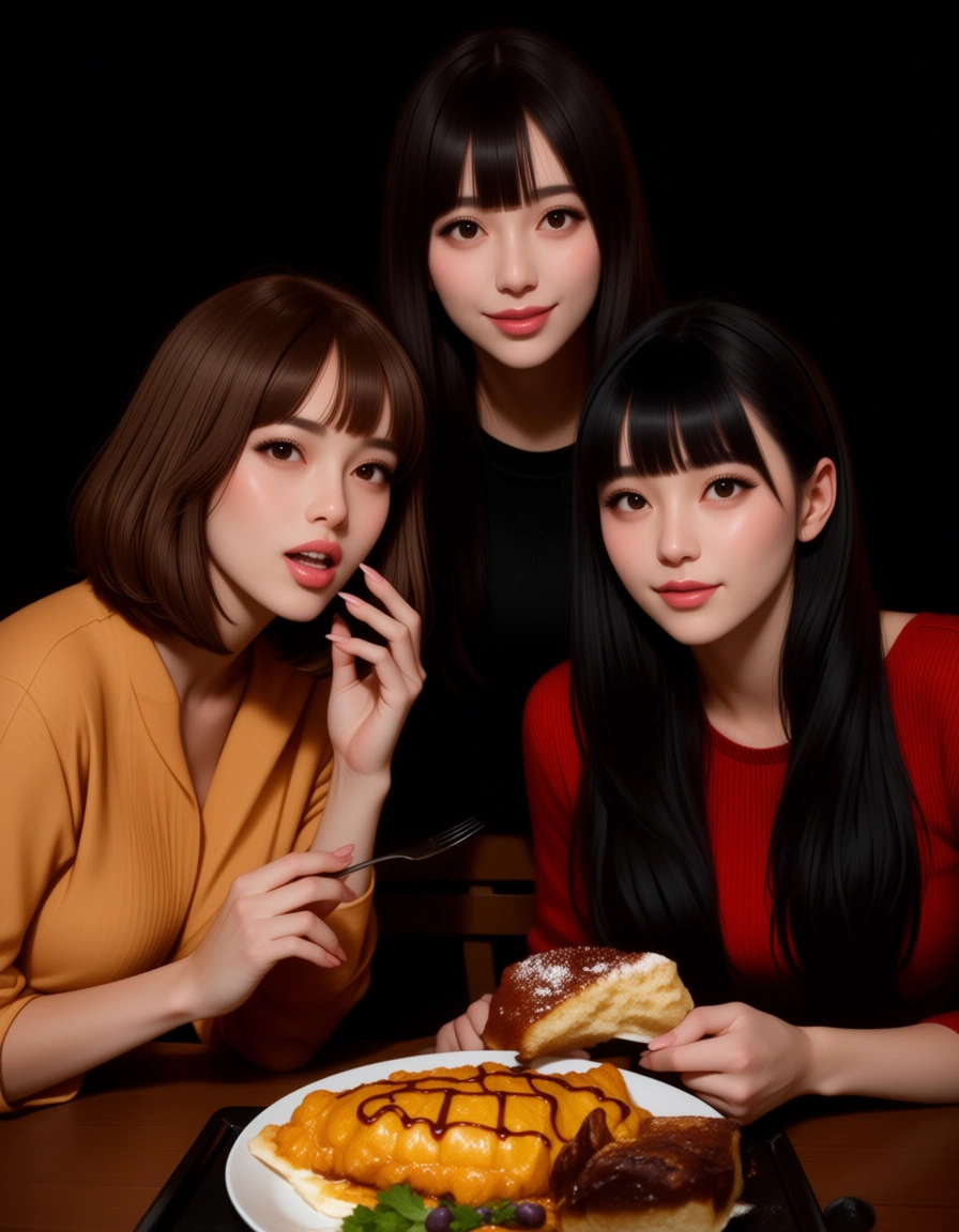 ultra HD, lifelike, 3girls, blunt bangs, food, facesitting, cinematic realism, hentai_studio_quality