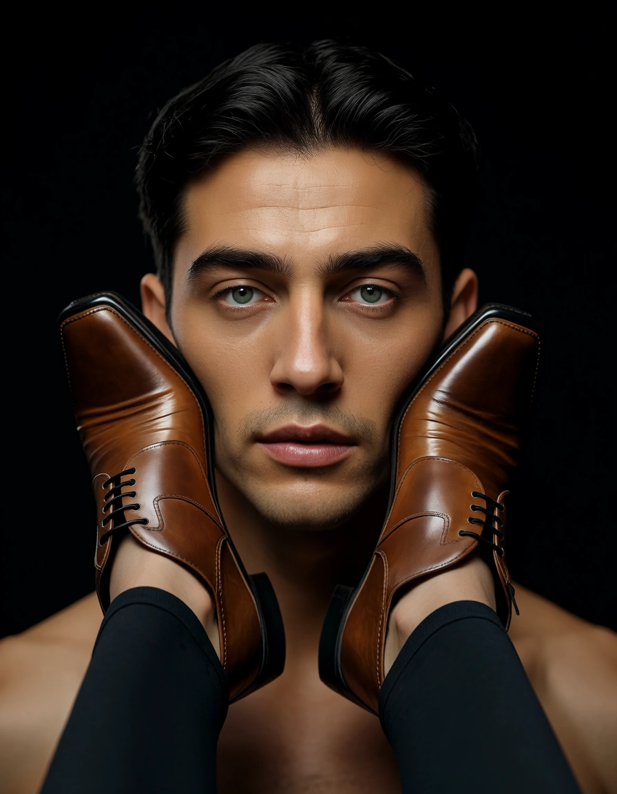 professional photo, high detail, 2boys, facesitting, brown footwear, black background, 8k uhd photo, score_9, score_8, candid photo, realistic skin texture, visible skin pores, film grain, depth of field
