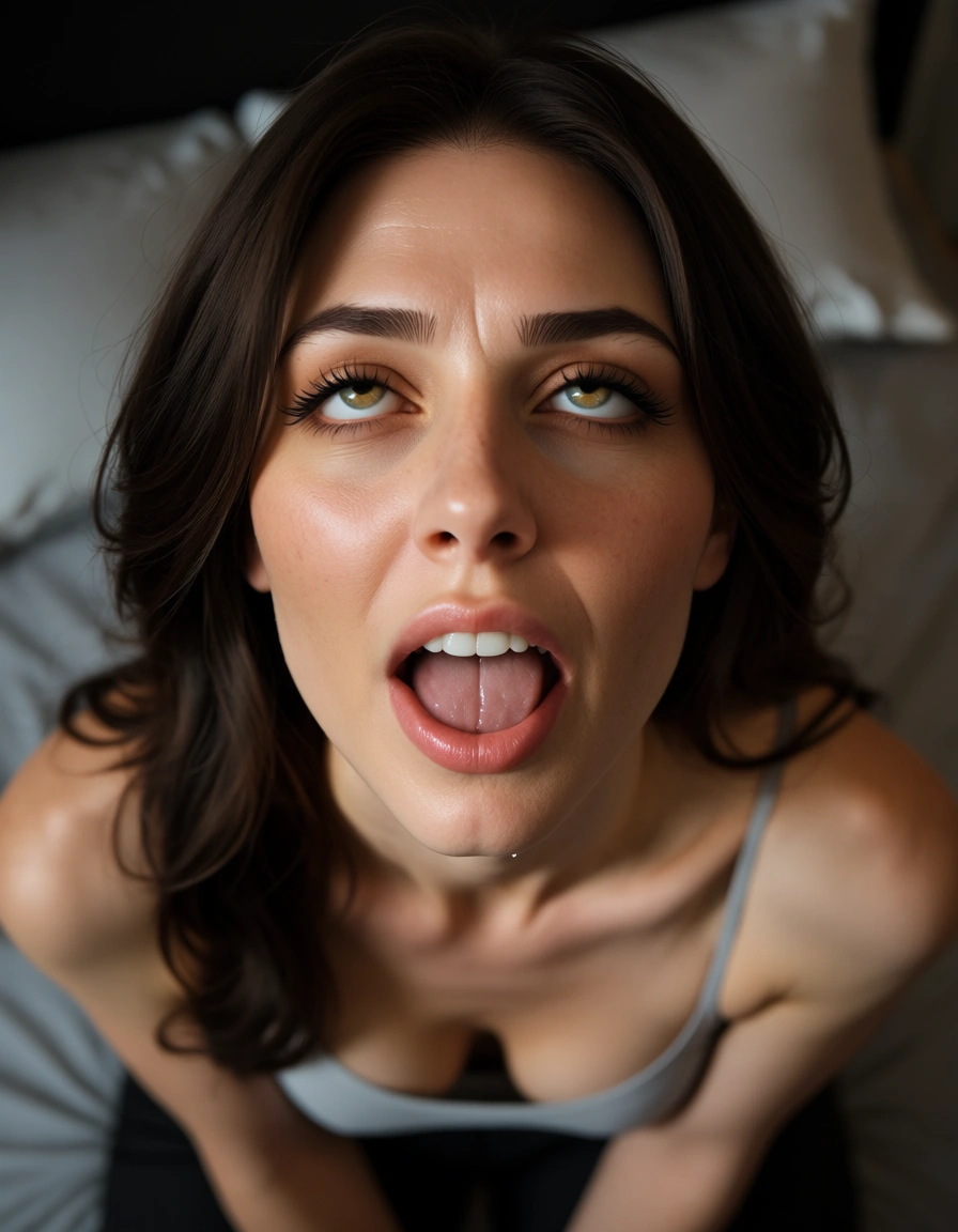 ultra HD, lifelike, from above, solo female, ahegao, bare shoulders, blurry background, tender moment, 8k uhd photo, score_9, score_8, candid photo, realistic skin texture, visible skin pores, film grain, depth of field
