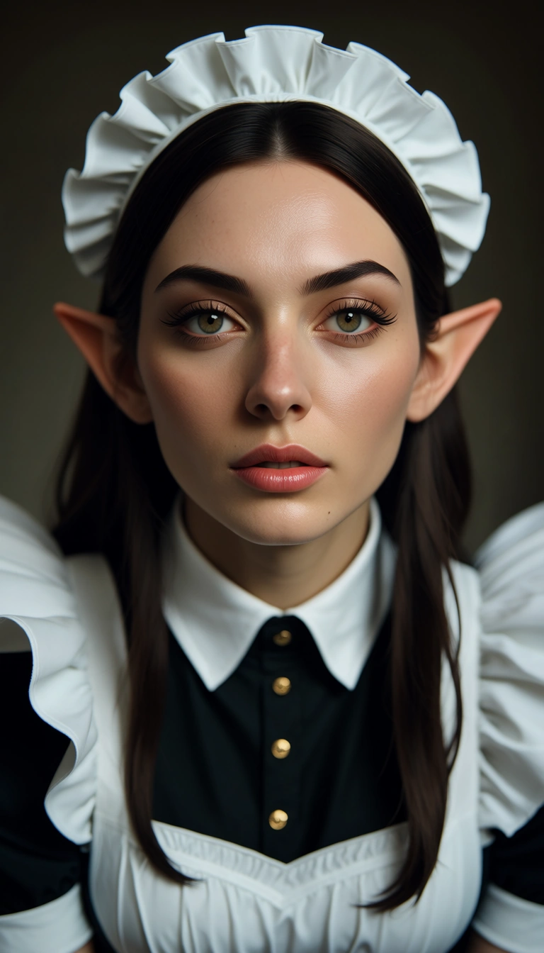 dslr, film grain, photorealistic, maid, doggy style, pointy ears, 8k uhd photo