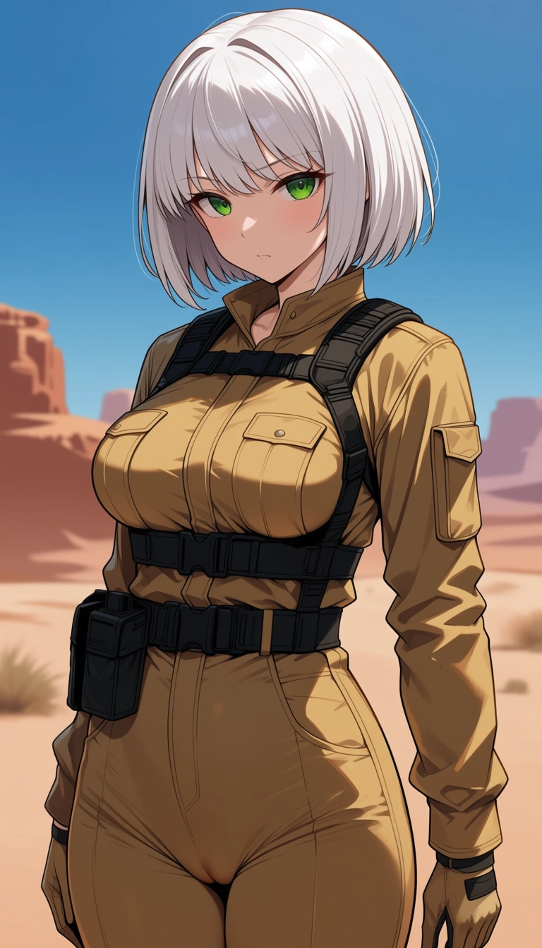 masterpiece, fine detail, Anime Female With  Short bob cut White hair, medium Breasts, Green Eyes, Cheeky Face, Sand colour closed combat gear outfit, no military set, no helmet, only uniform, Pants, cameltoe, Desert village background, eroge aesthetics, hentai_studio_quality, hentai_studio_quality