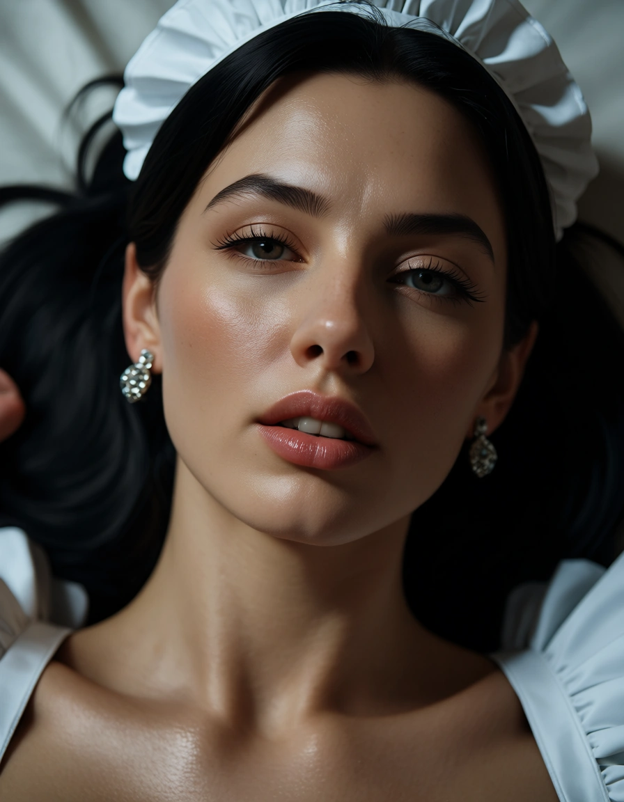 highly detailed, natural lighting, maid, black hair, earrings, missionary, film photography, score_9, score_8, candid photo, realistic skin texture, visible skin pores, film grain, depth of field