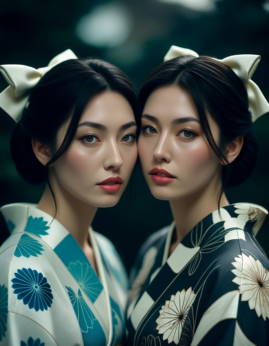 cinematic photo, 8k, 2women, hair bow, japanese clothes, doggy style, cool tones, hyperrealistic, score_9, score_8, candid photo, realistic skin texture, visible skin pores, film grain, depth of field