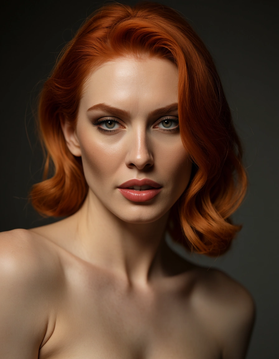 ultra HD, lifelike, maid, fully nude, bare arms, simple background, lustful eyes, dslr quality, redhead, photorealistic, score_9, score_8, candid photo, realistic skin texture, visible skin pores, film grain, depth of field