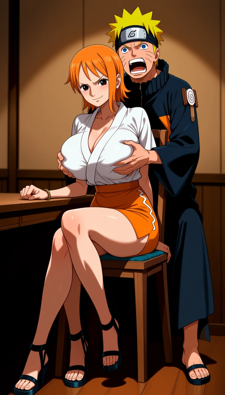 Naruto Uzumaki; standing behind another, smile, japanese_clothes, @Nami (One Piece); short_hair, clothing, white_shirt, orange skirt, black shoes, grabbing_another's_breast, angry, sitting on chair, table, room, hentai_studio_quality
