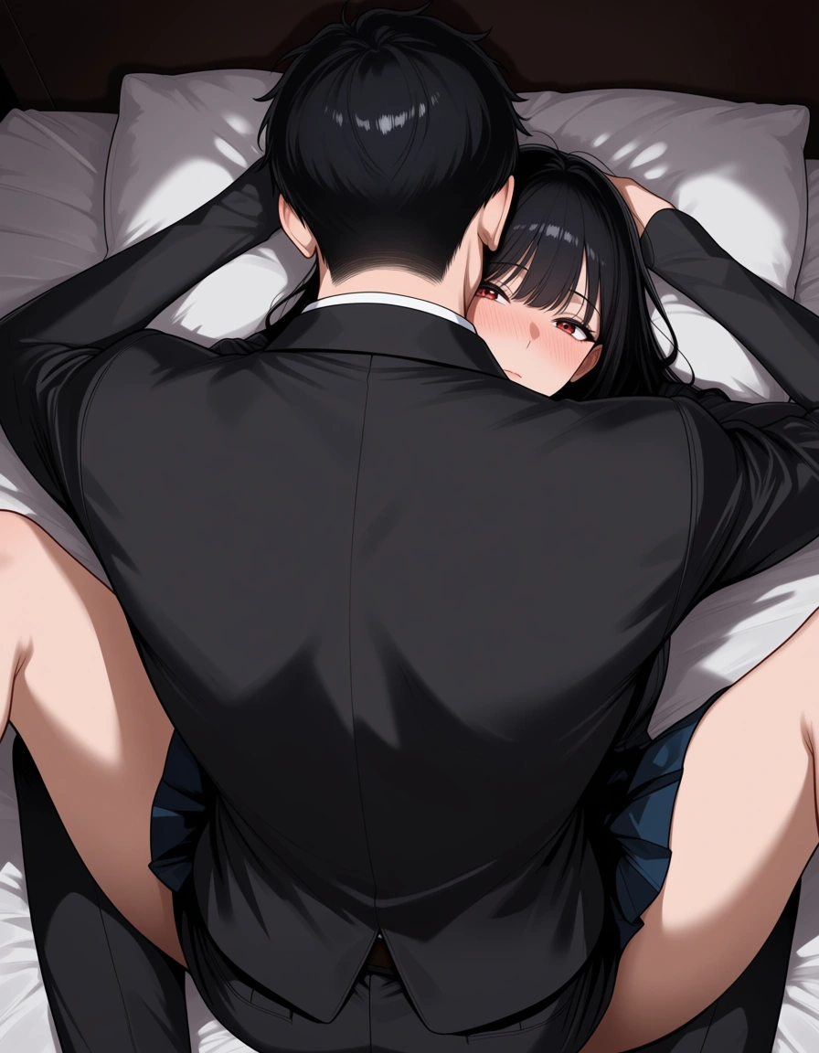 highly detailed, sharp, couple, skirt, missionary, from above, soft cel shading, hentai_studio_quality