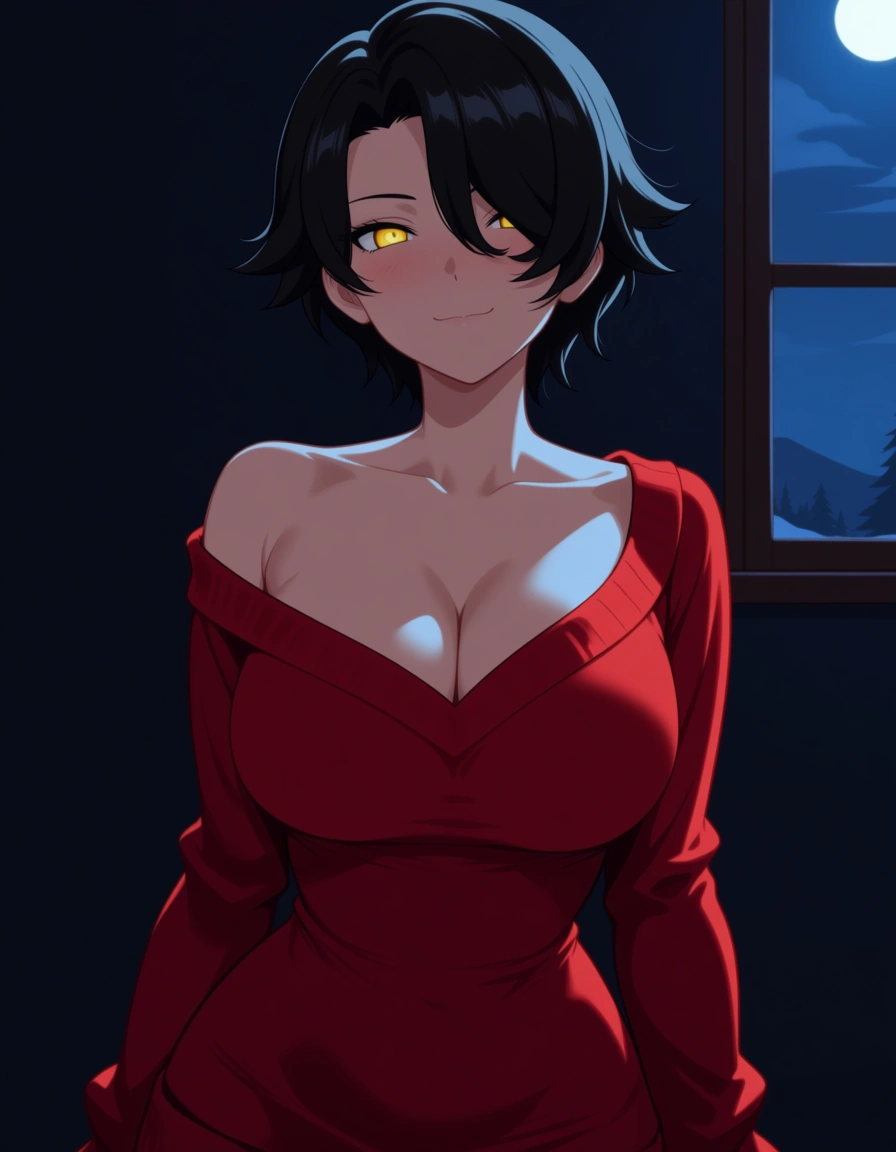 Anime rwby cinder fall big breasts wide hips yellow eyes light skin black hair red Sweater boob window in a room at night low lighting full moon Winter time Hot cocoa Blushing a little Cute smile, hentai_studio_quality