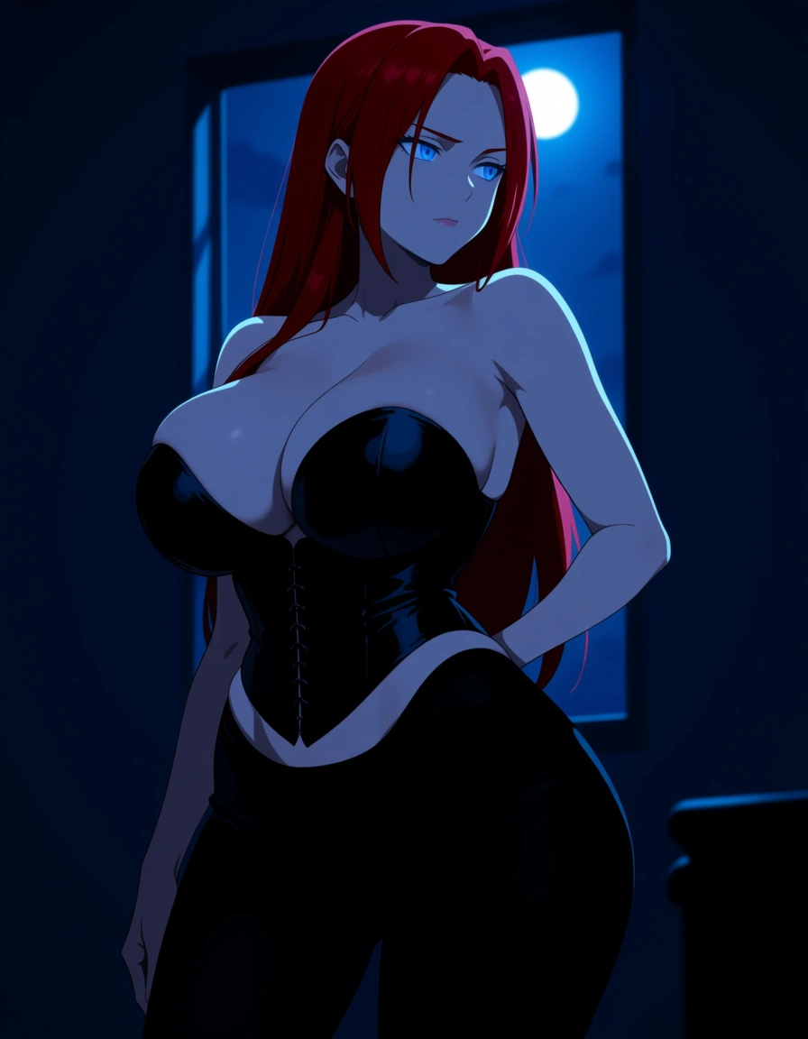 Anime good Rayne blue eyes pale skin red hair big breasts wide hips black corset black pants in a room at night low lighting full moon, hentai_studio_quality