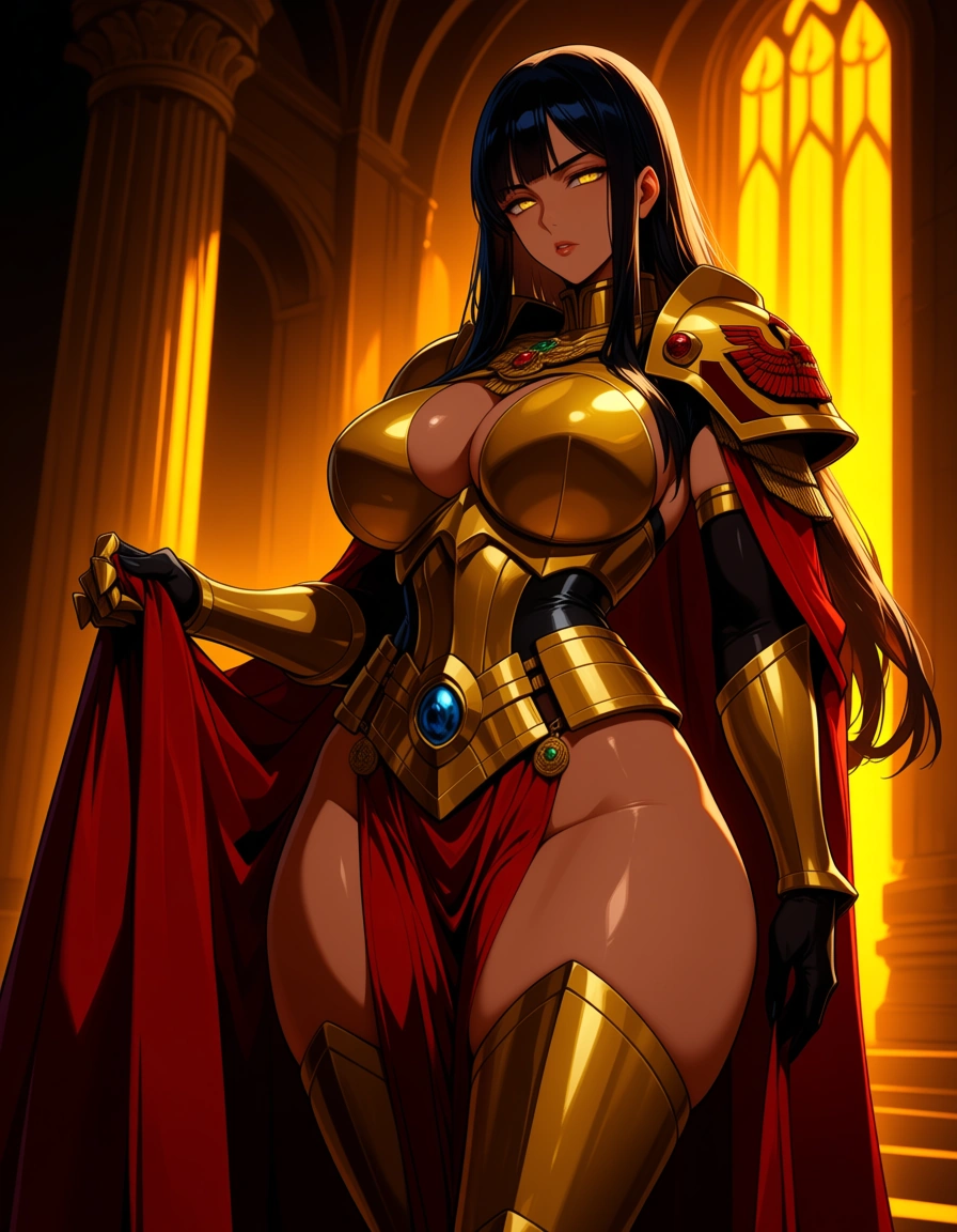 Anime warhammer 40k female Emperor Empress big breasts wide hips golden eyes light skin long dark hair golden Feminine armor Breastplates in a Temple sunset Low lighting sucking a cock, hentai_studio_quality
