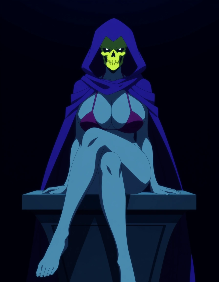 Anime he-man female skeletor big breasts wide hips dark eyes pale yellow skull like face light blue skin purple hood and  cape purple Loincloth purple bikini top sitting on a Throne legs crossed at night low lighting, hentai_studio_quality, (anime style:1.3), 2d, anime screencap, cel shading, flat color, hentai_studio_quality