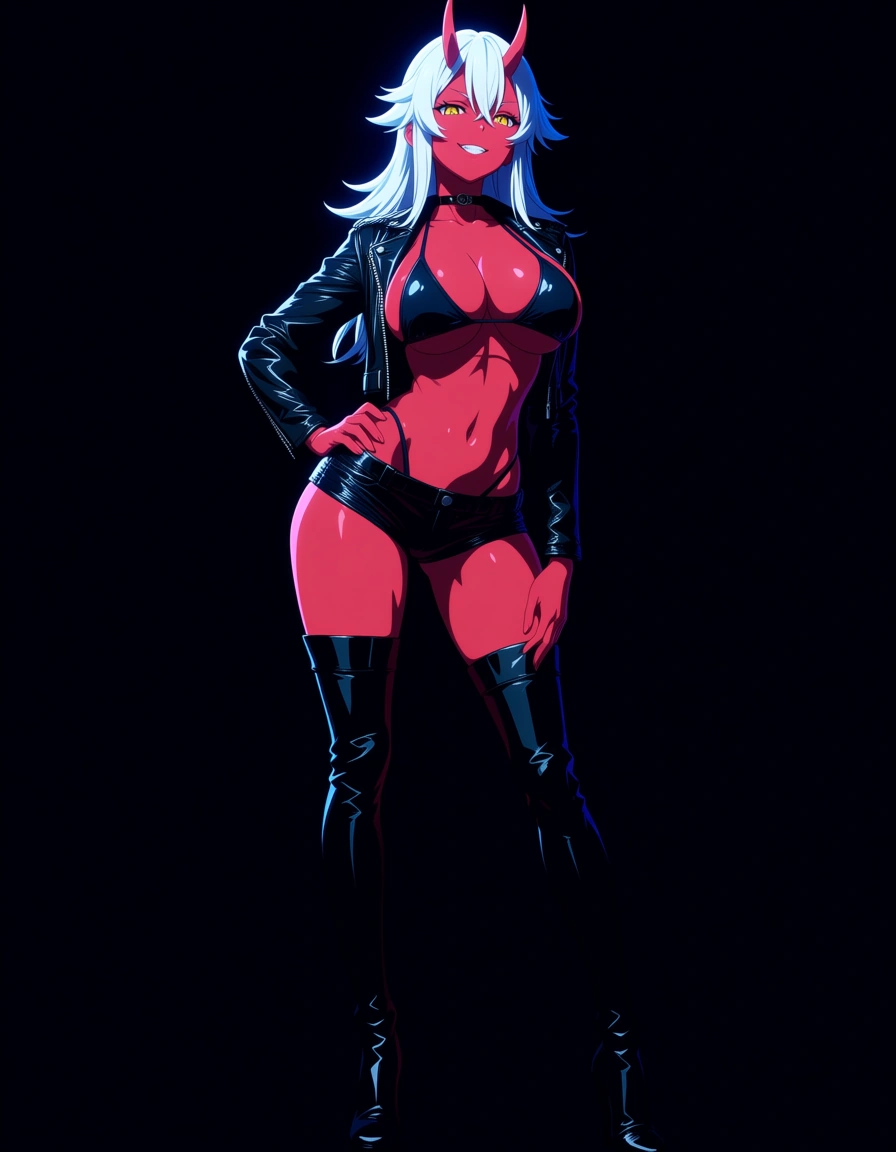 Anime oni girl big breasts wide hips yellow eyes red skin white hair small horns black bikini top opened black leather jacket black shorty shorts G. string showing thong black thigh high boots in a room at night low lighting full moon sexy pose hand on hip Seductive smile, hentai_studio_quality, (anime style:1.3), 2d, anime screencap, cel shading, flat color, (anime style:1.3), 2d, anime screencap, cel shading, flat color, @00osamio00, score_9, score_8, 3d render, octane render, subsurface scattering, ray tracing, smooth shading