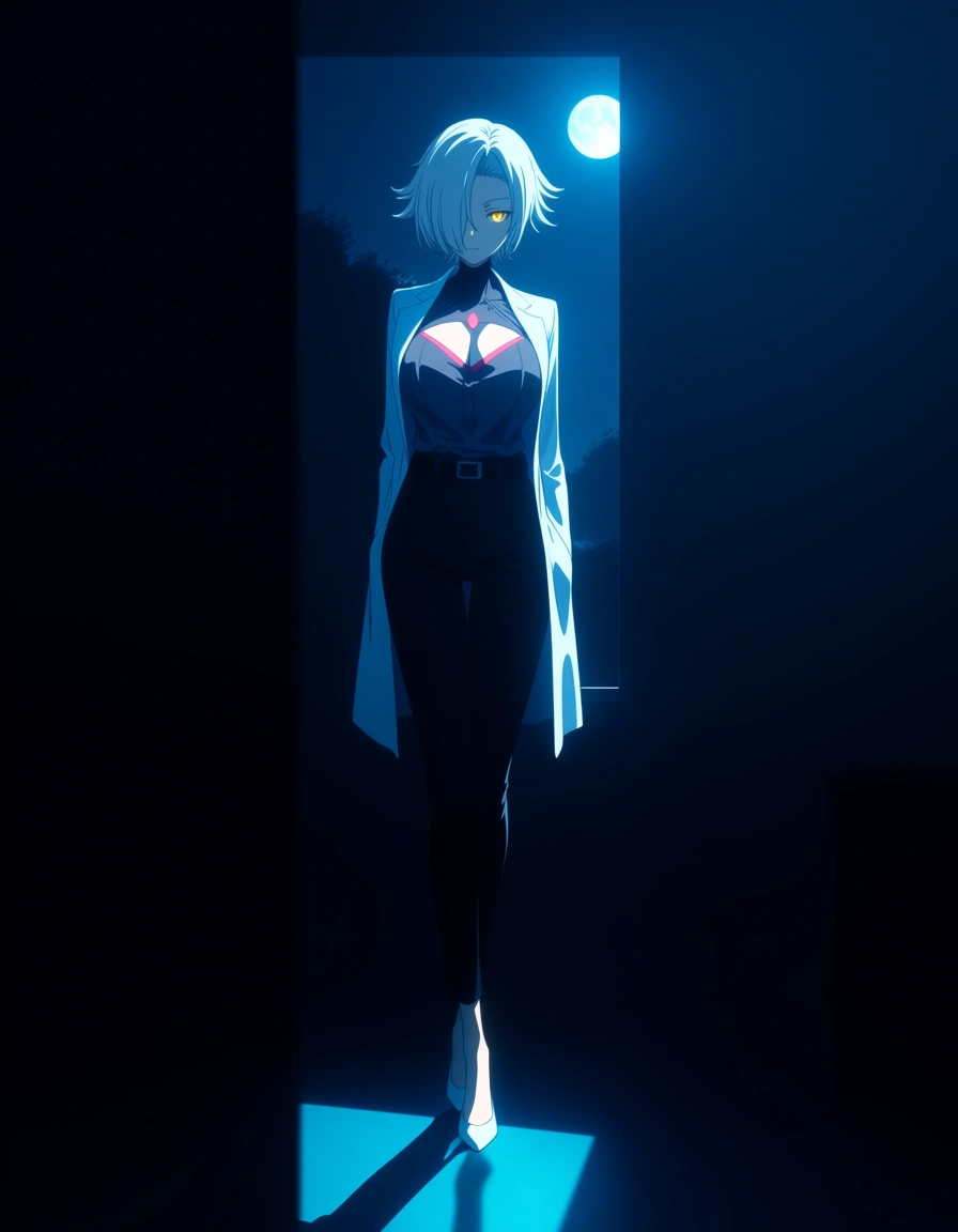 Anime glados big breasts wide hips yellow eyes pale skin white hair white Lab coat white heels black pants Cleavage cyborg in a room at night low lighting full moon one eye covered by hair, hentai_studio_quality, (anime style:1.3), 2d, anime screencap, cel shading, flat color, (anime style:1.3), 2d, anime screencap, cel shading, flat color, @00osamio00, score_9, score_8, 3d render, octane render, subsurface scattering, ray tracing, smooth shading