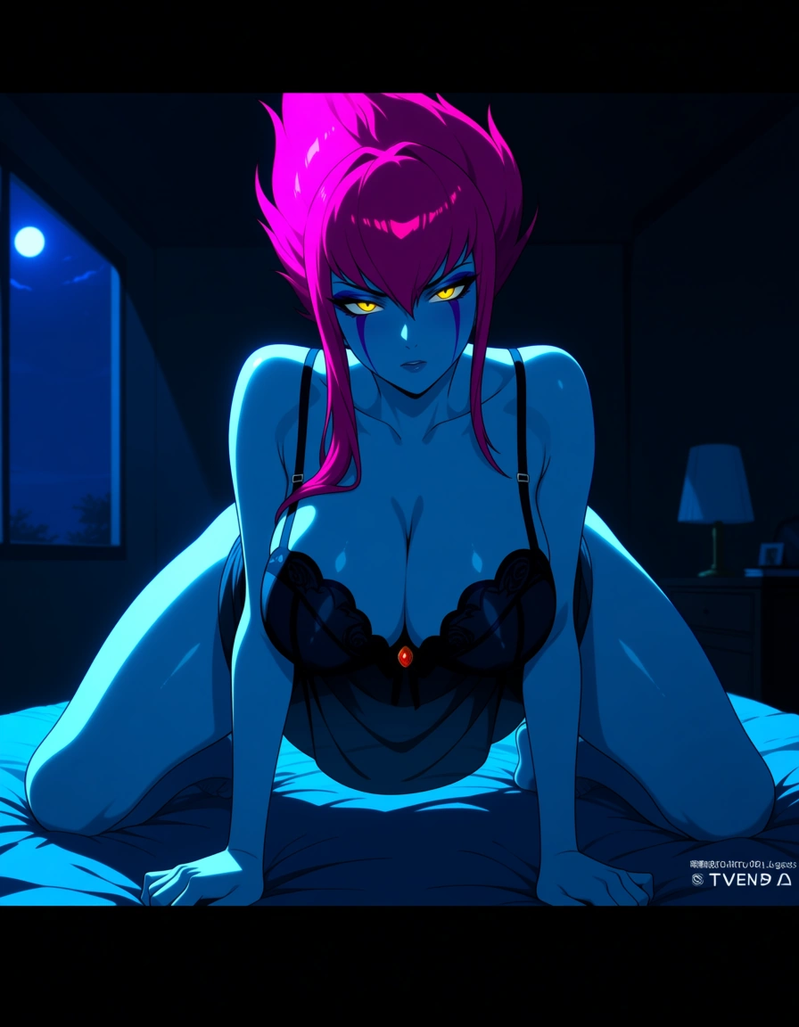Anime league of legends evelynn big breasts wide hips yellow eyes light blue skin hot pink hair black lingerie See through gray shawl in a room at night low lighting full moon getting fucked from behind on a bed doggy style, hentai_studio_quality