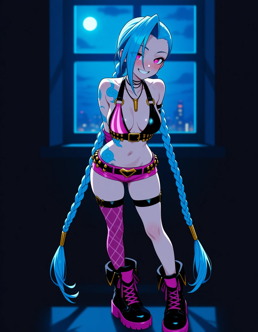 Anime league of legends jinx big breasts wide hips hot pink eyes pale skin light blue hair long Braided twin tails two tone black and pink bikini top booty shorts Exposed G. string black and pink boots in a room at night low lighting full moon soft smile Blushing a little, hentai_studio_quality
