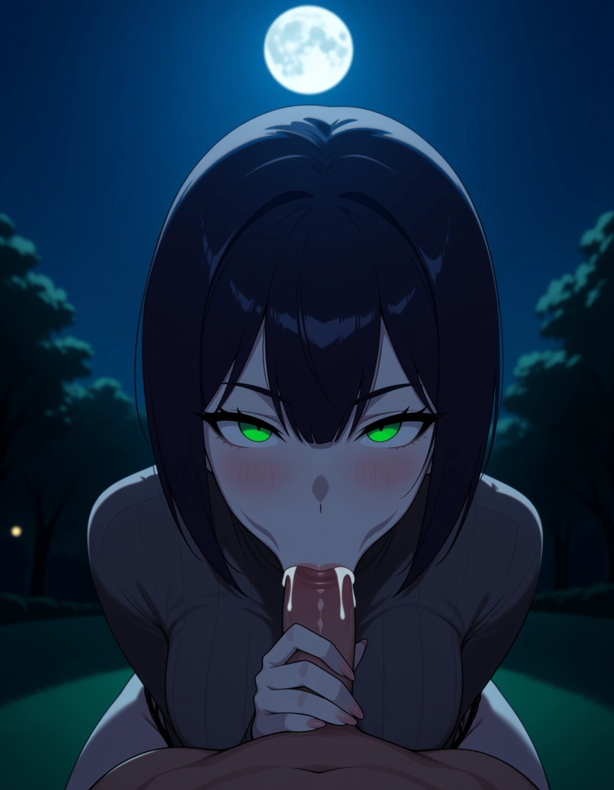 Anime serleena big breasts wide hips green eyes pale skin dark hair black lingerie See through gray shawl in a park at night low lighting full moon giving a guy a blow job fellatio sucking a penis oral cum swallowing 3rd person Perspective, hentai_studio_quality