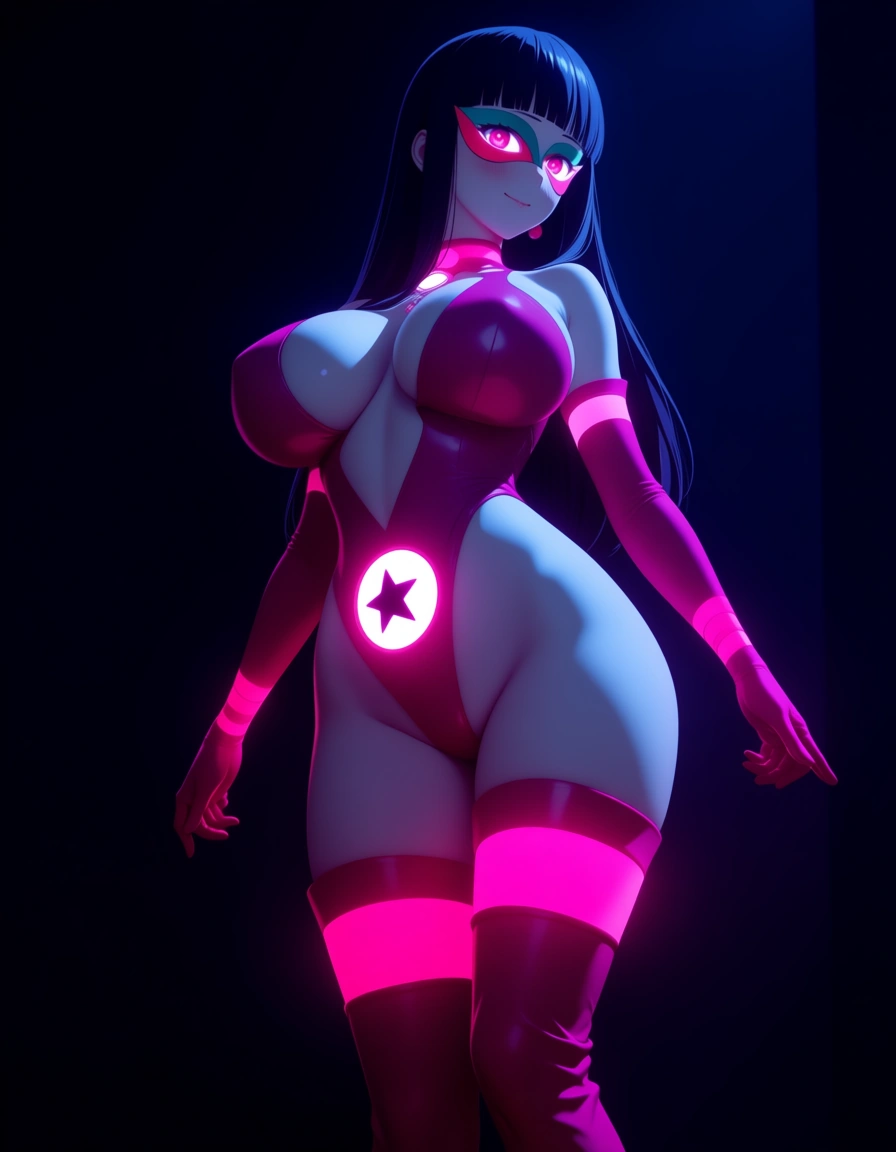 Anime dc star Sapphire big breasts wide hips hot pink eyes pale skin long black hair hot pink Domino mask hot pink leonard hot pink Thigh high boots hot pink Long gloves glowing pink ring star Symbol on belly in a room at night low lighting full moon soft smile Blushing a little, hentai_studio_quality, (anime style:1.3), 2d, anime screencap, cel shading, flat color, (anime style:1.3), 2d, anime screencap, cel shading, flat color, @00osamio00, score_9, score_8, 3d render, octane render, subsurface scattering, ray tracing, smooth shading