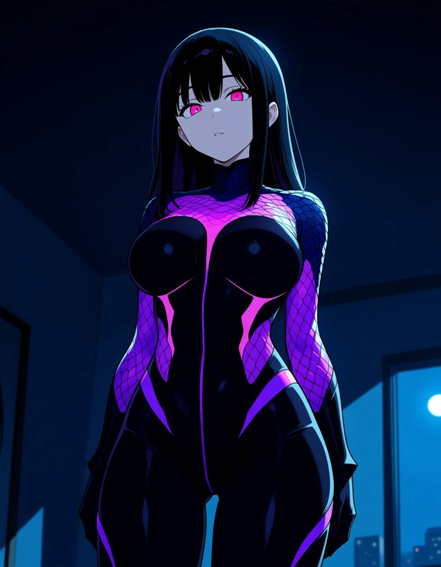 Anime female human with a living organic black and violet suit scaly armor big breasts wide hips hot pink eyes pale skin black hair in a room at night low lighting full moon, hentai_studio_quality