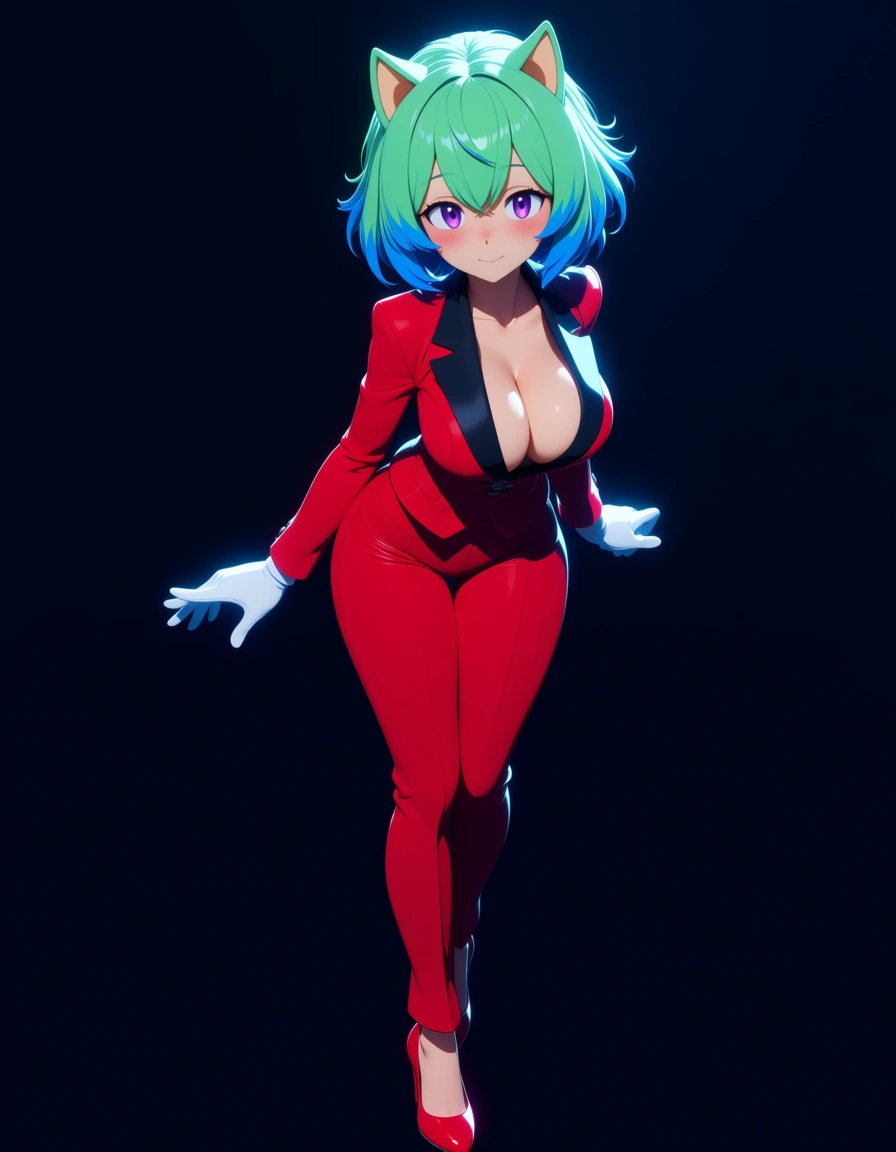 Anime Sonic art style Breezy the hedgehog big breasts wide hips Purple eyes Light skin sea green hair with blue tips Sea green fur Red suit jacket Deep cleavage Red pants red heels white gloves in a room at night low lighting full moon soft smile blushing a little, hentai_studio_quality, (anime style:1.3), 2d, anime screencap, cel shading, flat color, score_9, score_8, 3d render, octane render, subsurface scattering, ray tracing, smooth shading, (anime style:1.3), 2d, anime screencap, cel shading, flat color, @00osamio00