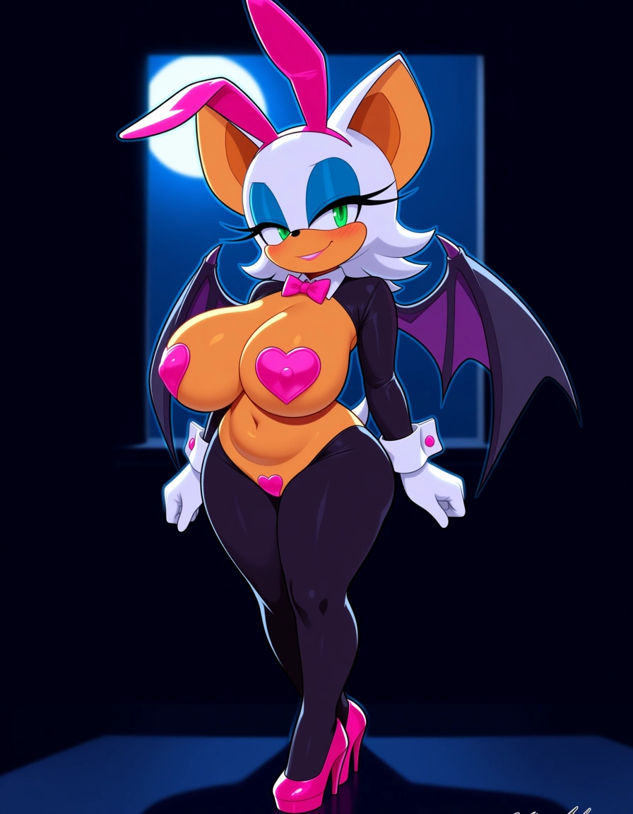 Anime sonic art style rogue the bat big breasts wide hips green eyes light skin white hair white fur black bat wings white bat ears in a reverse bunny outfit hot pink bunny ears hot pink heels hot pink bowtie hot pink heart shaped Pasties in a room at night low lighting full moon soft smile blushing a little, hentai_studio_quality