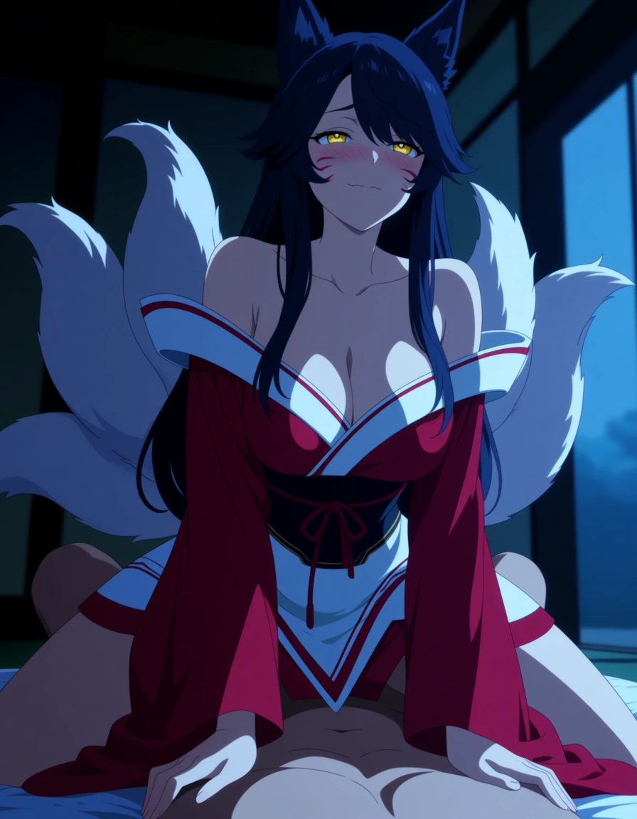 Anime league of legends ahri big breasts wide hips yellow eyes light blue black hair black fox ears nine white fox tails red kimono with white highlights short skirt on her hands and knees getting fucked doggy style my a male human on a bed his hands on her hips in a room at night low lighting full moon  soft smile blushing a little, hentai_studio_quality, (anime style:1.3), 2d, anime screencap, cel shading, flat color