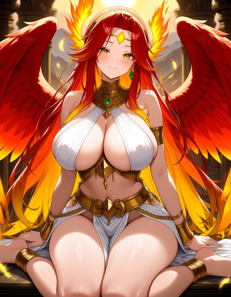 Anime fantasy Phoenix girl big breasts wide hips yellow eyes light skin red hair with yellow highlights red feathered wings with yellow highlights Gold plated and white silk bikini top gold and white Loincloth Gold bracelets gold anklets Golden headband On forehead with a diamond shaped yellow gem in a temple of fire sun set low lighting soft smile blushing a little, hentai_studio_quality