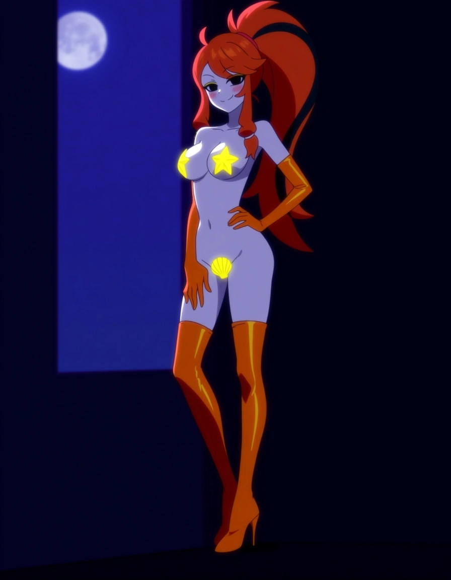 Anime hazbin hotel Goldie the goldfish girl black eyes with white Pupils white skin orange hair with a Black streak long ponytail yellow eye shadow yellow star shaped Pasties yellow sea shell covering her Crotch long orange gloves orange thigh high boot heels in a room at night low lighting full moon soft smile blushing a little sexy pose hand on hip, (anime style:1.3), 2d, anime screencap, cel shading, flat color