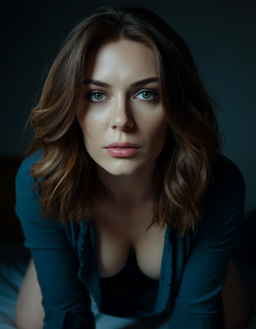 8k, sharp focus, detailed skin, witch, medium hair, open clothes, on all fours, ambient glow, dslr quality, score_9, score_8, candid photo, realistic skin texture, visible skin pores, film grain, depth of field